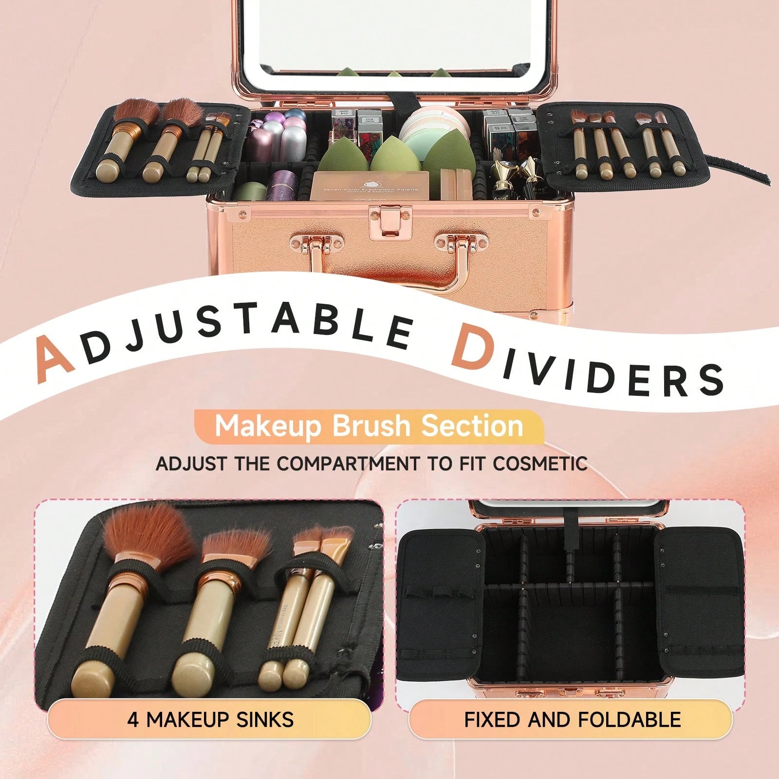 Makeup Bag With LED Mirror, Travel Makeup Train Case With Rechargeable Lighted Mirror & Adjustable Dividers, Portable Cosmetic Organizer Box With Makeup Brush Holder, Gifts For Women