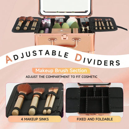 Makeup Bag With LED Mirror, Travel Makeup Train Case With Rechargeable Lighted Mirror & Adjustable Dividers, Portable Cosmetic Organizer Box With Makeup Brush Holder, Gifts For Women