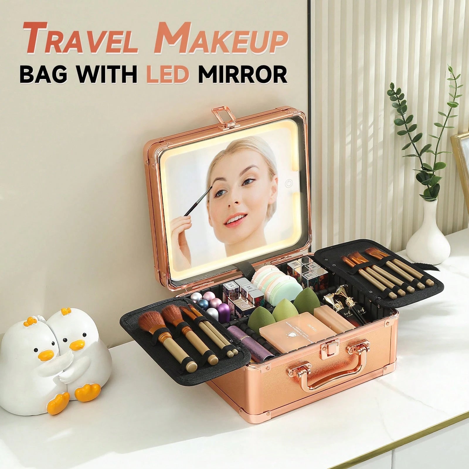 Makeup Bag With LED Mirror, Travel Makeup Train Case With Rechargeable Lighted Mirror & Adjustable Dividers, Portable Cosmetic Organizer Box With Makeup Brush Holder, Gifts For Women