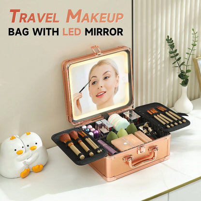Makeup Bag With LED Mirror, Travel Makeup Train Case With Rechargeable Lighted Mirror & Adjustable Dividers, Portable Cosmetic Organizer Box With Makeup Brush Holder, Gifts For Women