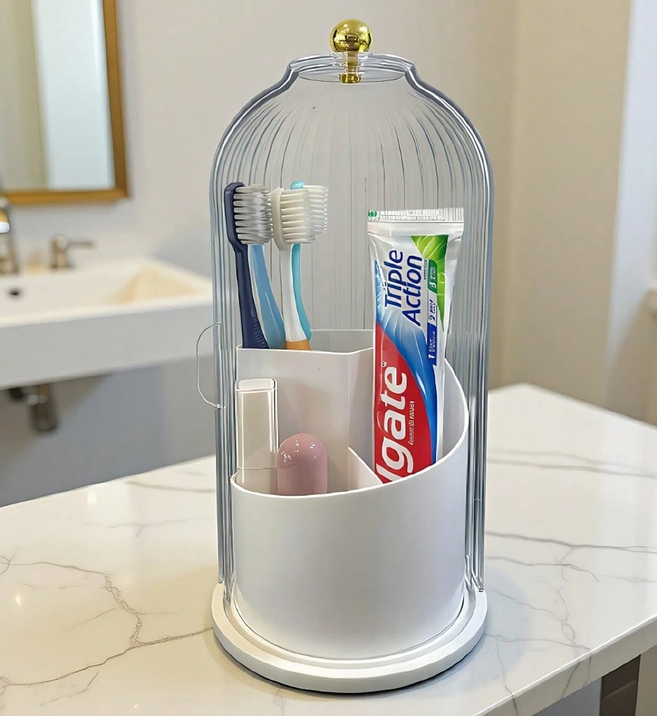Makeup Brush Holder Organizer With Lid,360 Rotating Dustproof ABS Storage Caddy,3 Slots Sliding Lid Toothbrush Holder With Non-Slip Base,Multi-Use Space-Saving Organizer For Makeup Brushes Toothpaste,