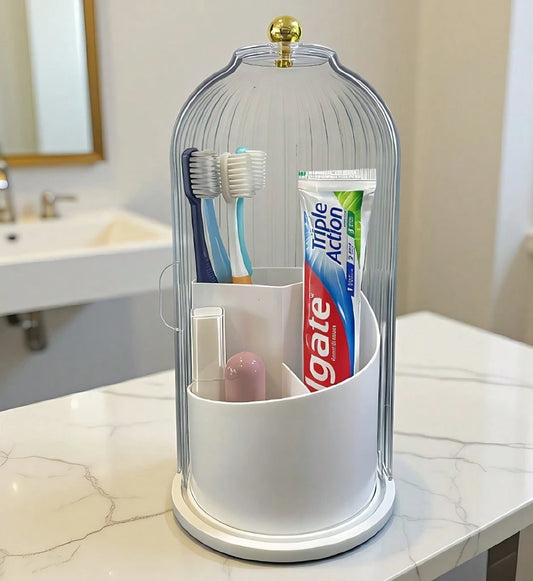 Makeup Brush Holder Organizer With Lid,360 Rotating Dustproof ABS Storage Caddy,3 Slots Sliding Lid Toothbrush Holder With Non-Slip Base,Multi-Use Space-Saving Organizer For Makeup Brushes Toothpaste,