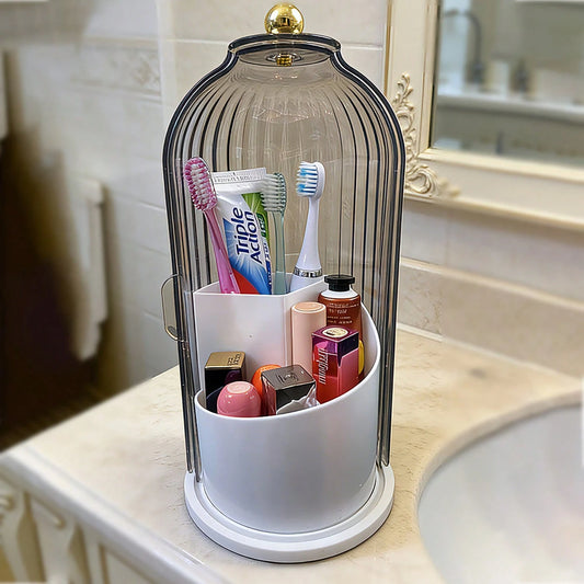 Makeup Brush Holder Organizer With Lid,360 Rotating Dustproof ABS Storage Caddy,3 Slots Sliding Lid Toothbrush Holder With Non-Slip Base,Multi-Use Space-Saving Organizer For Makeup Brushes Toothpaste