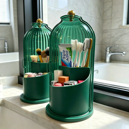 Makeup Brush Holder Organizer With Lid,360 Rotating Dustproof ABS Storage Caddy,3 Slots Sliding Lid Toothbrush Holder With Non-Slip Base,Multi-Use Space-Saving Organizer For Makeup Brushes Toothpaste