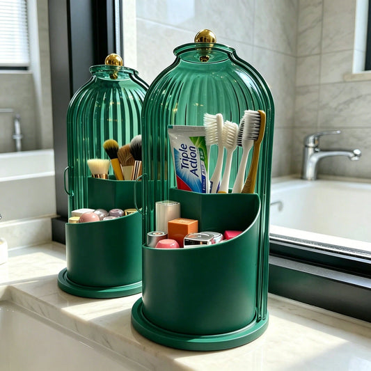 Makeup Brush Holder Organizer With Lid,360 Rotating Dustproof ABS Storage Caddy,3 Slots Sliding Lid Toothbrush Holder With Non-Slip Base,Multi-Use Space-Saving Organizer For Makeup Brushes Toothpaste