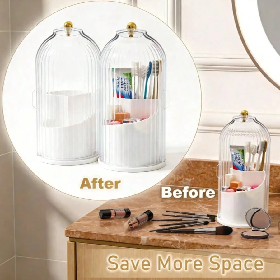 Makeup Brush Holder Organizer With Lid,360 Rotating Dustproof ABS Storage Caddy,3 Slots Sliding Lid Toothbrush Holder With Non-Slip Base,Multi-Use Space-Saving Organizer For Makeup Brushes Toothpaste,
