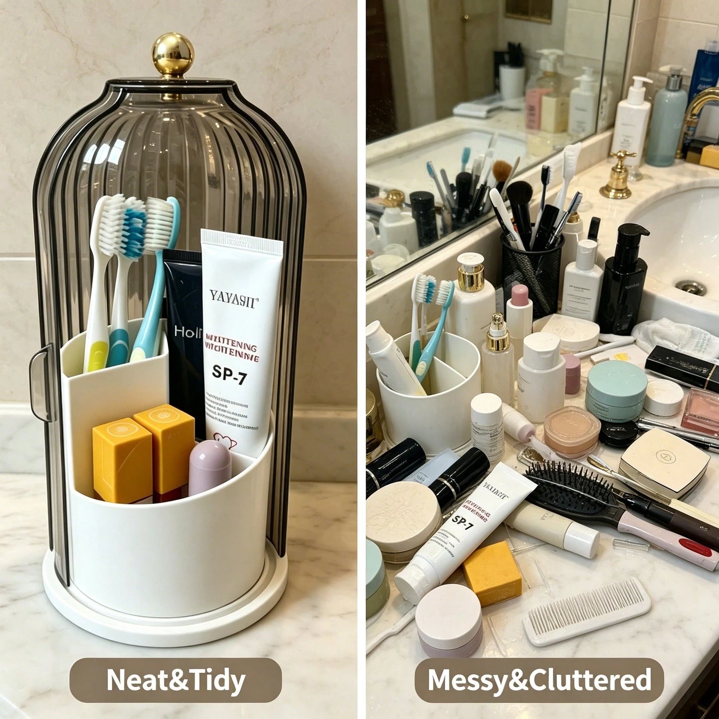 Makeup Brush Holder Organizer With Lid,360 Rotating Dustproof ABS Storage Caddy,3 Slots Sliding Lid Toothbrush Holder With Non-Slip Base,Multi-Use Space-Saving Organizer For Makeup Brushes Toothpaste