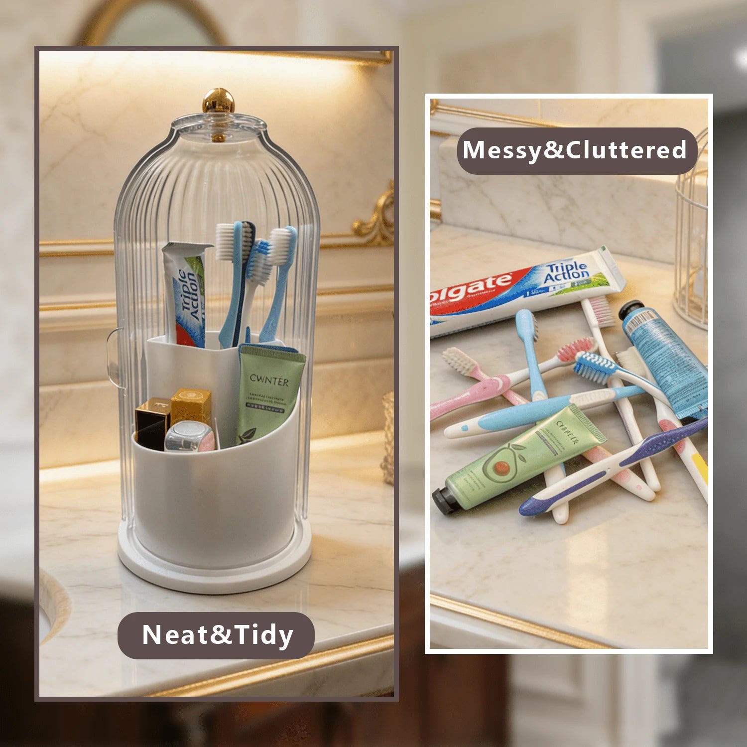 Makeup Brush Holder Organizer With Lid,360 Rotating Dustproof ABS Storage Caddy,3 Slots Sliding Lid Toothbrush Holder With Non-Slip Base,Multi-Use Space-Saving Organizer For Makeup Brushes Toothpaste,