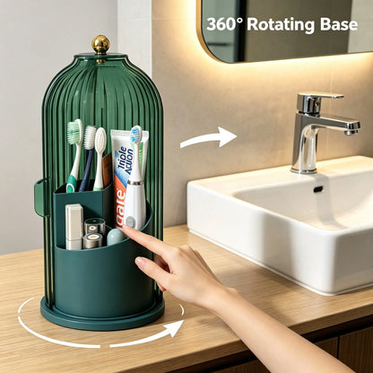 Makeup Brush Holder Organizer With Lid,360 Rotating Dustproof ABS Storage Caddy,3 Slots Sliding Lid Toothbrush Holder With Non-Slip Base,Multi-Use Space-Saving Organizer For Makeup Brushes Toothpaste