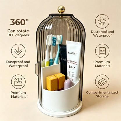 Makeup Brush Holder Organizer With Lid,360 Rotating Dustproof ABS Storage Caddy,3 Slots Sliding Lid Toothbrush Holder With Non-Slip Base,Multi-Use Space-Saving Organizer For Makeup Brushes Toothpaste