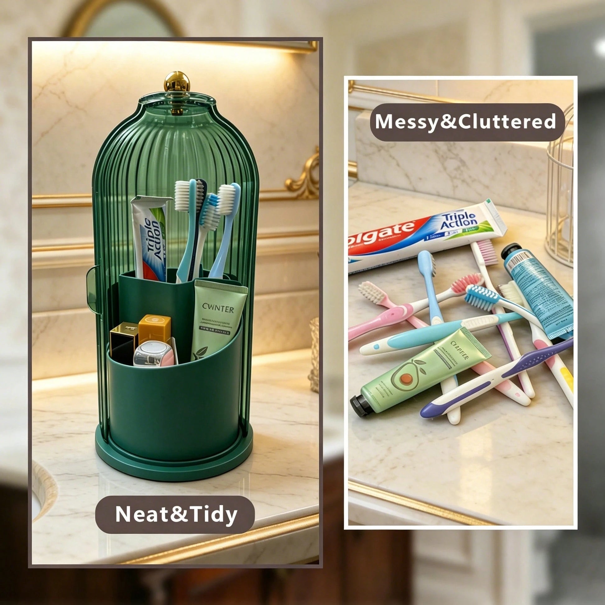 Makeup Brush Holder Organizer With Lid,360 Rotating Dustproof ABS Storage Caddy,3 Slots Sliding Lid Toothbrush Holder With Non-Slip Base,Multi-Use Space-Saving Organizer For Makeup Brushes Toothpaste