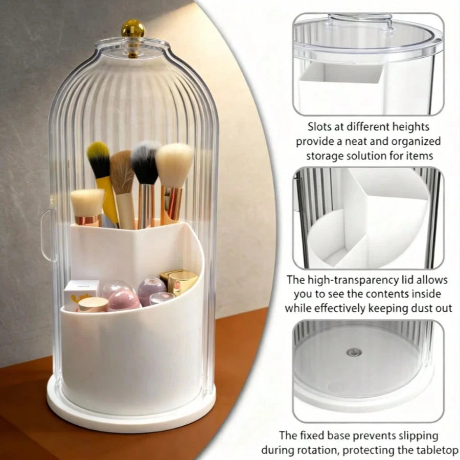 Makeup Brush Holder Organizer With Lid,360 Rotating Dustproof ABS Storage Caddy,3 Slots Sliding Lid Toothbrush Holder With Non-Slip Base,Multi-Use Space-Saving Organizer For Makeup Brushes Toothpaste,