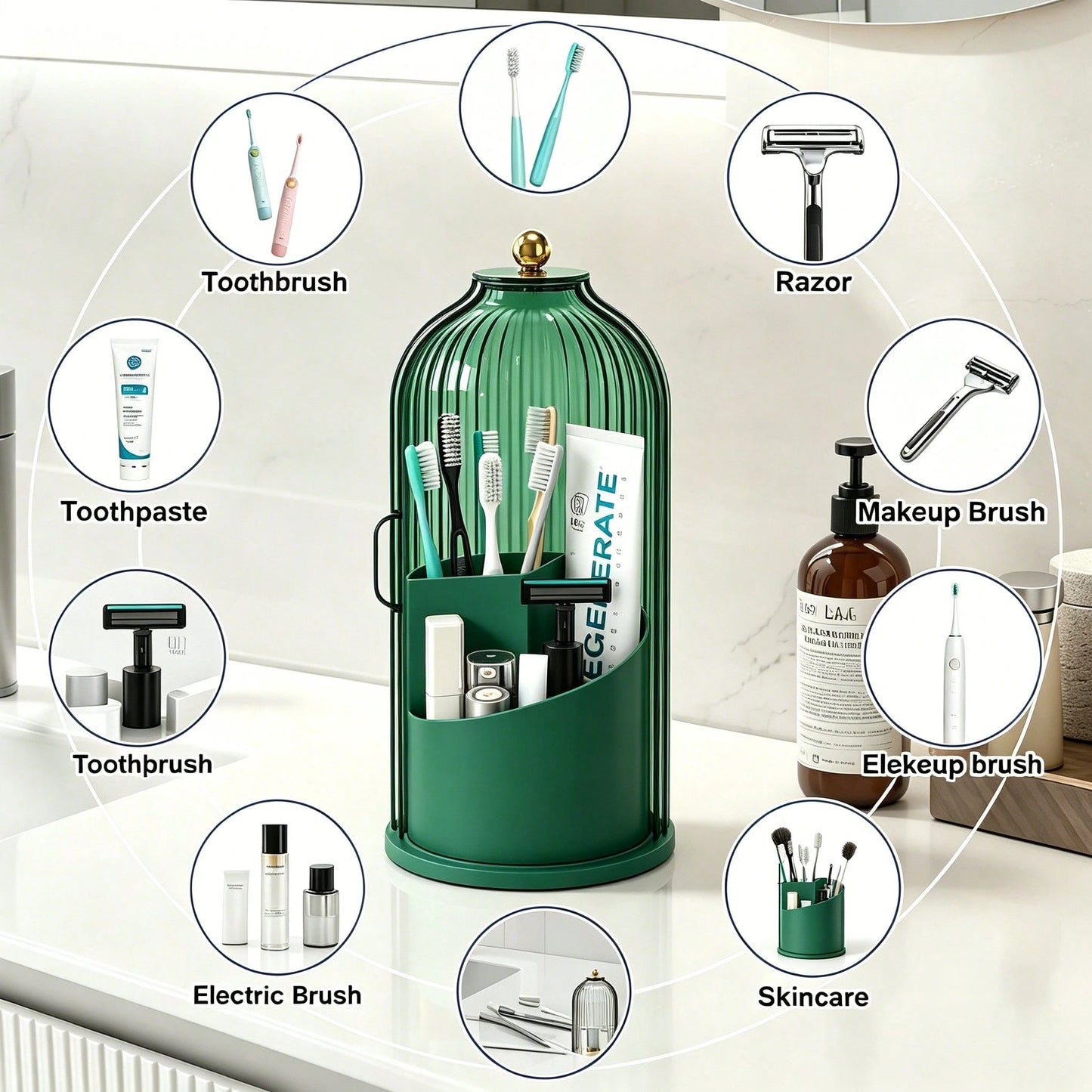 Makeup Brush Holder Organizer With Lid,360 Rotating Dustproof ABS Storage Caddy,3 Slots Sliding Lid Toothbrush Holder With Non-Slip Base,Multi-Use Space-Saving Organizer For Makeup Brushes Toothpaste