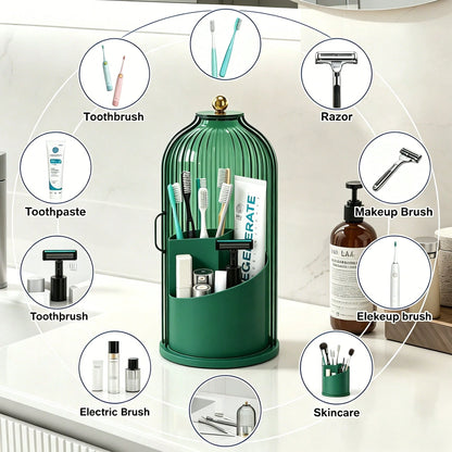 Makeup Brush Holder Organizer With Lid,360 Rotating Dustproof ABS Storage Caddy,3 Slots Sliding Lid Toothbrush Holder With Non-Slip Base,Multi-Use Space-Saving Organizer For Makeup Brushes Toothpaste