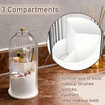Makeup Brush Holder Organizer With Lid,360 Rotating Dustproof ABS Storage Caddy,3 Slots Sliding Lid Toothbrush Holder With Non-Slip Base,Multi-Use Space-Saving Organizer For Makeup Brushes Toothpaste,
