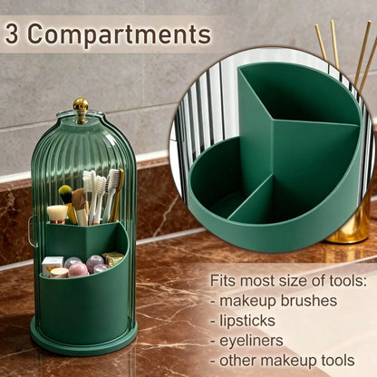 Makeup Brush Holder Organizer With Lid,360 Rotating Dustproof ABS Storage Caddy,3 Slots Sliding Lid Toothbrush Holder With Non-Slip Base,Multi-Use Space-Saving Organizer For Makeup Brushes Toothpaste
