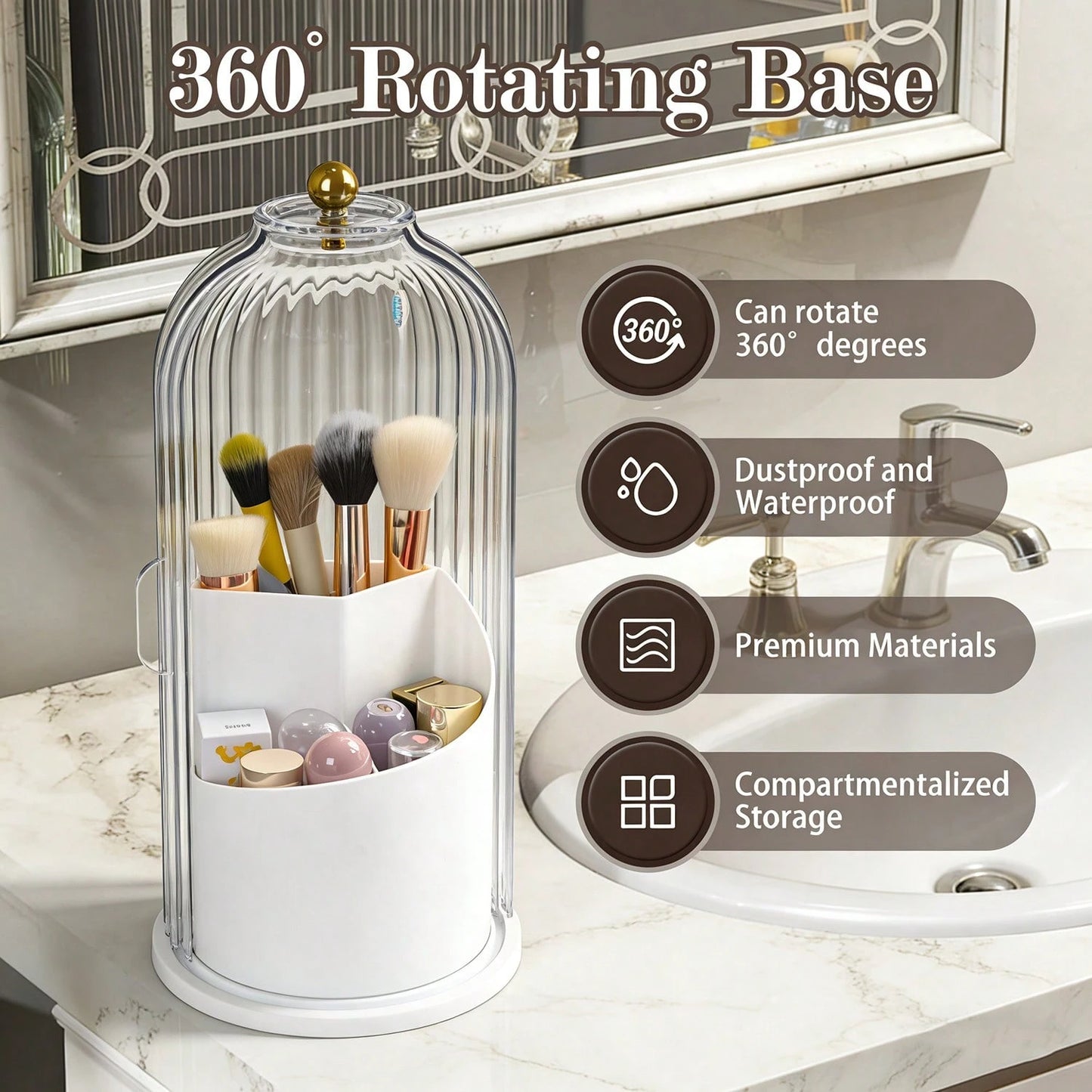 Makeup Brush Holder Organizer With Lid,360 Rotating Dustproof ABS Storage Caddy,3 Slots Sliding Lid Toothbrush Holder With Non-Slip Base,Multi-Use Space-Saving Organizer For Makeup Brushes Toothpaste,