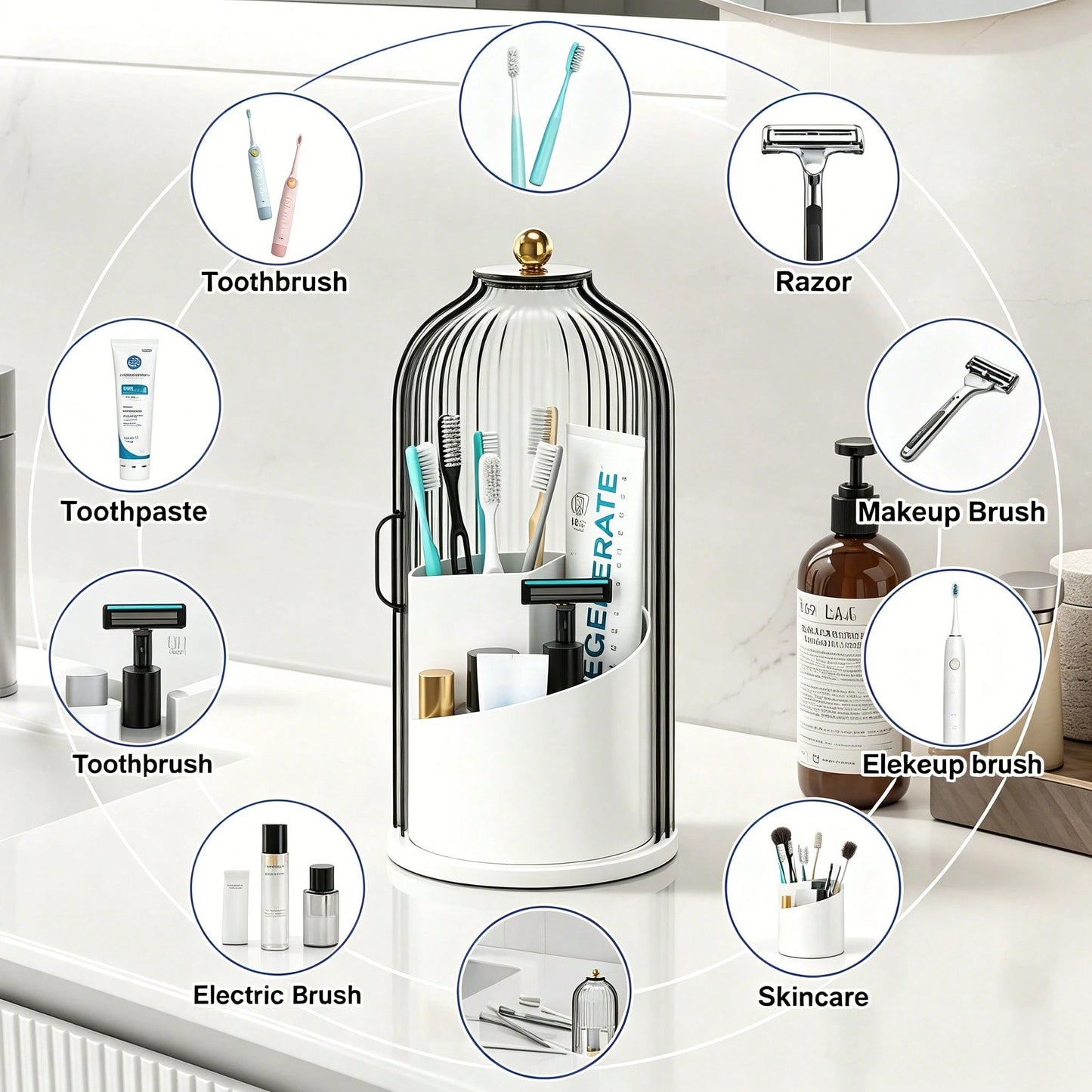 Makeup Brush Holder Organizer With Lid,360 Rotating Dustproof ABS Storage Caddy,3 Slots Sliding Lid Toothbrush Holder With Non-Slip Base,Multi-Use Space-Saving Organizer For Makeup Brushes Toothpaste