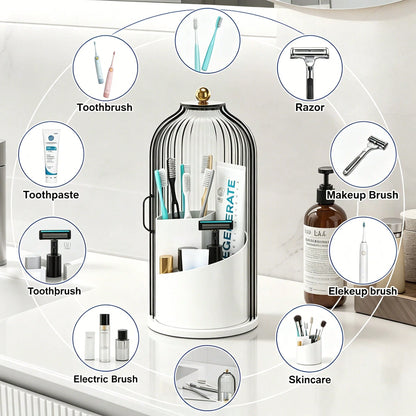 Makeup Brush Holder Organizer With Lid,360 Rotating Dustproof ABS Storage Caddy,3 Slots Sliding Lid Toothbrush Holder With Non-Slip Base,Multi-Use Space-Saving Organizer For Makeup Brushes Toothpaste