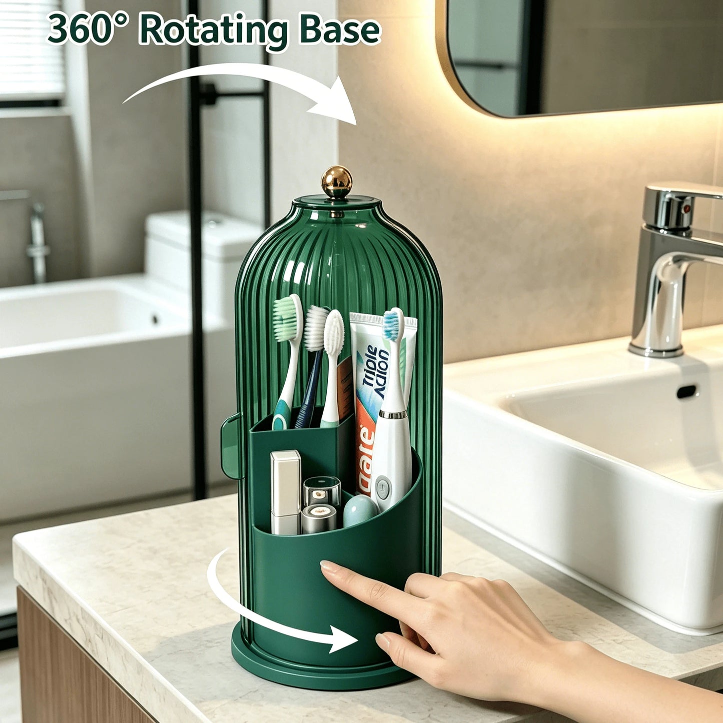 Makeup Brush Holder Organizer With Lid,360 Rotating Dustproof ABS Storage Caddy,3 Slots Sliding Lid Toothbrush Holder With Non-Slip Base,Multi-Use Space-Saving Organizer For Makeup Brushes Toothpaste