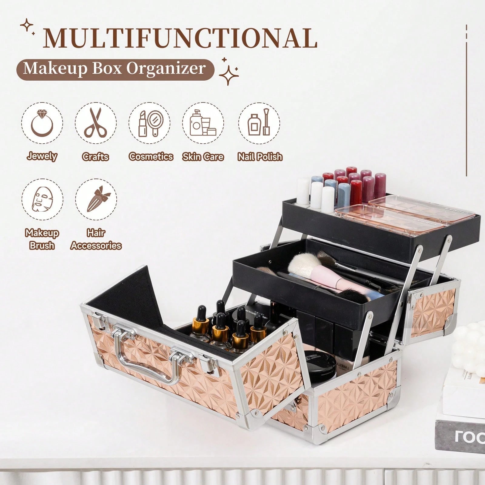 Makeup Train Case, Cosmetic Box, Portable Makeup Case Organizer 2 Trays Makeup Storage For Cosmetologist Aesthetic Supplies Nail Tech Traveling Makeup Box