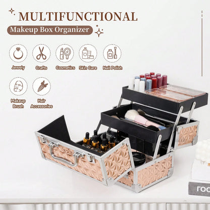 Makeup Train Case, Cosmetic Box, Portable Makeup Case Organizer 2 Trays Makeup Storage For Cosmetologist Aesthetic Supplies Nail Tech Traveling Makeup Box