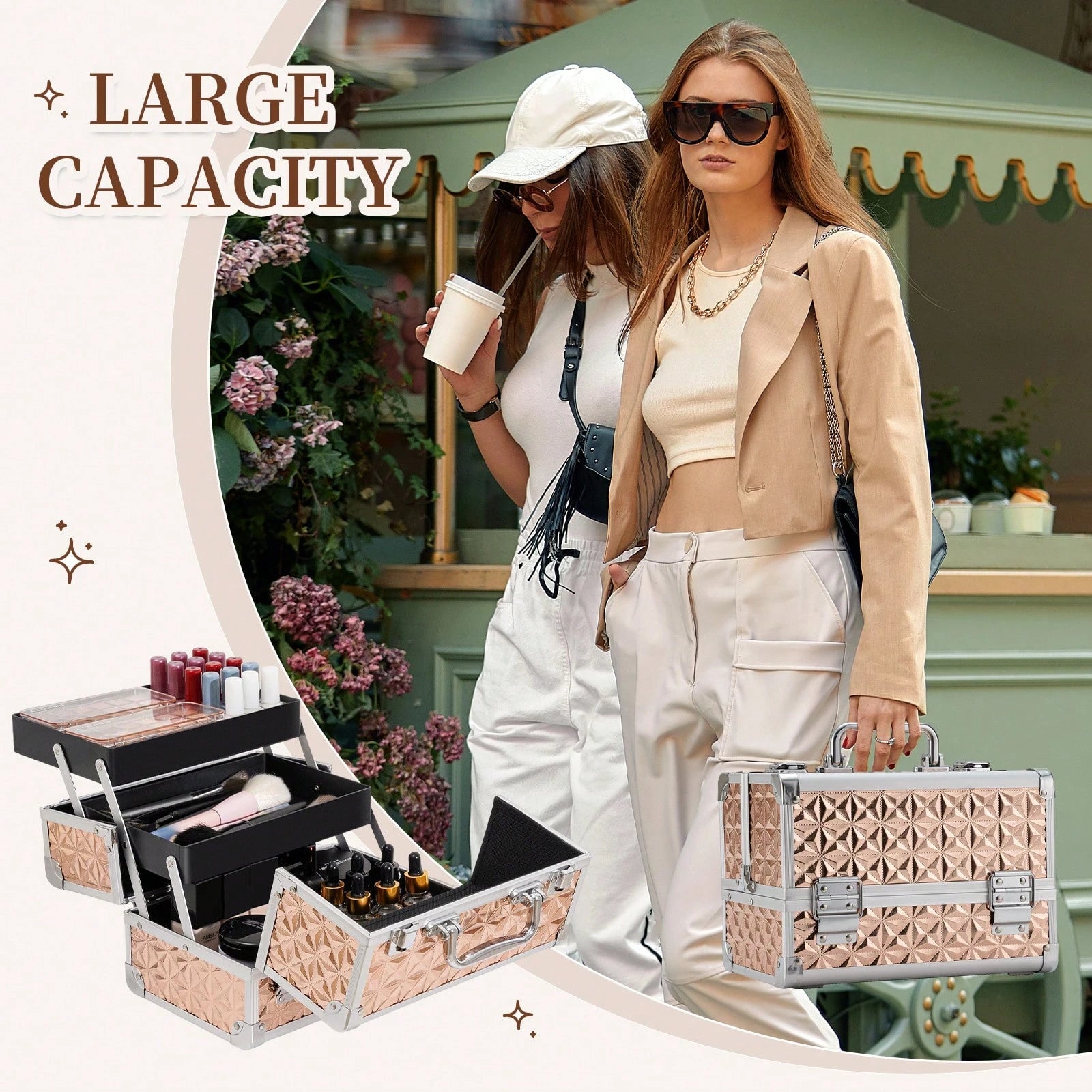 Makeup Train Case, Cosmetic Box, Portable Makeup Case Organizer 2 Trays Makeup Storage For Cosmetologist Aesthetic Supplies Nail Tech Traveling Makeup Box