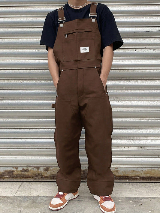 Manfinity EMRG Men's Casual Fashion Versatile Bib Overalls, With Patch Design, Oversized, Summer, Fall Brown Overalls Baggy Overalls Men's Overalls Loose Overalls