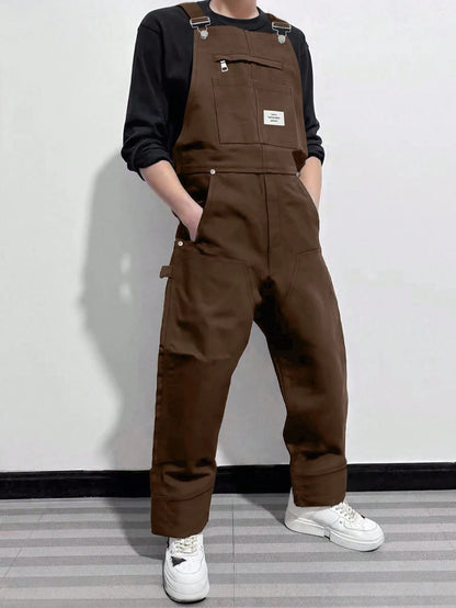 Manfinity EMRG Men's Casual Fashion Versatile Bib Overalls, With Patch Design, Oversized, Summer, Fall Brown Overalls Baggy Overalls Men's Overalls Loose Overalls