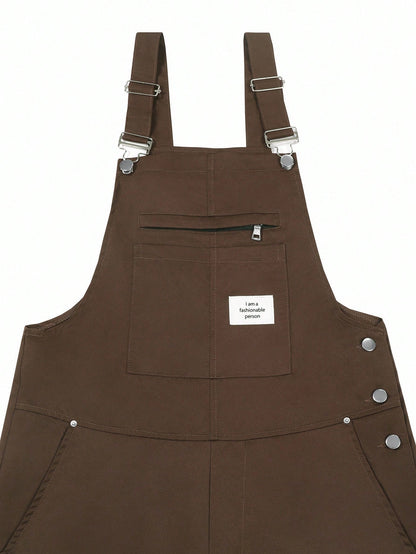 Manfinity EMRG Men's Casual Fashion Versatile Bib Overalls, With Patch Design, Oversized, Summer, Fall Brown Overalls Baggy Overalls Men's Overalls Loose Overalls