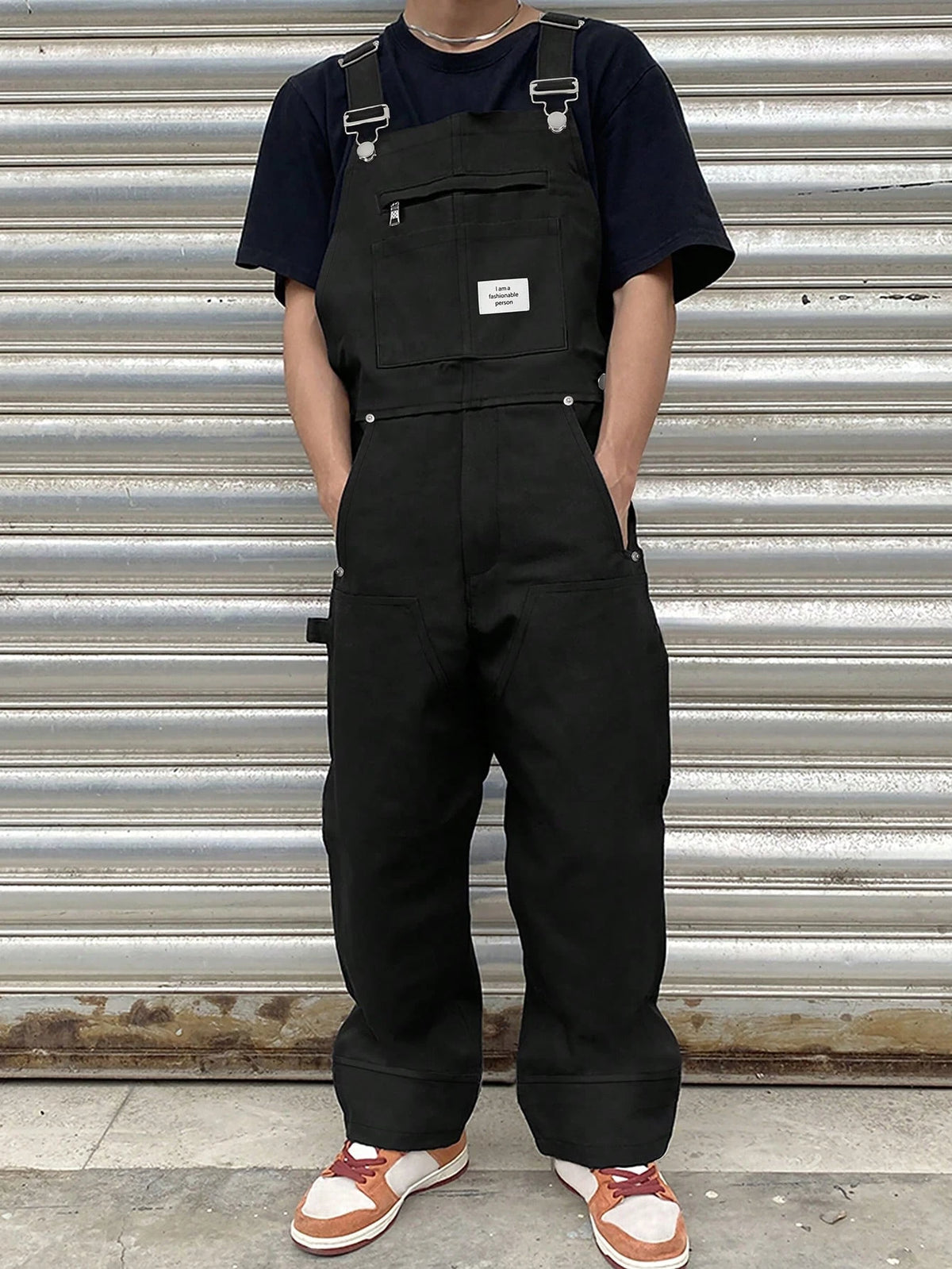 Manfinity EMRG Men's Casual Fashion Versatile Bib Overalls, With Patch Design, Oversized, Summer, Fall Brown Overalls Baggy Overalls Men's Overalls Loose Overalls