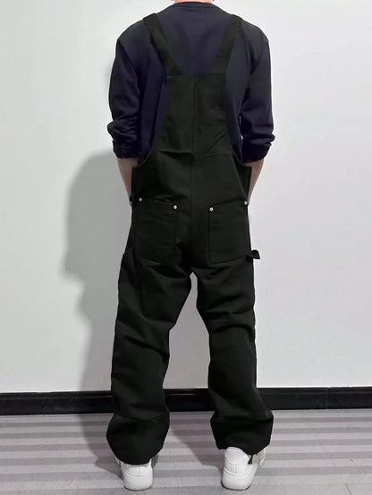 Manfinity EMRG Men's Casual Fashion Versatile Bib Overalls, With Patch Design, Oversized, Summer, Fall Brown Overalls Baggy Overalls Men's Overalls Loose Overalls