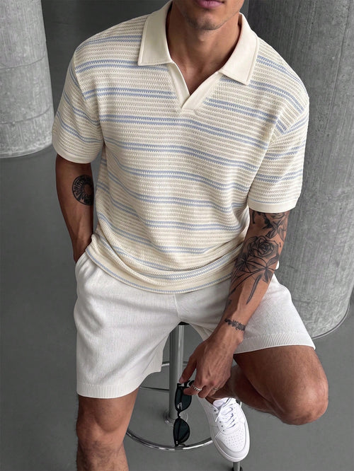 Manfinity Homme Men's Blue And White Stripe Knitted Half-Zip Mesh Textured Short Sleeve Polo Shirt,Casual Summer Vacation Holiday Knit Crochet Shirt,Vintage Old Money