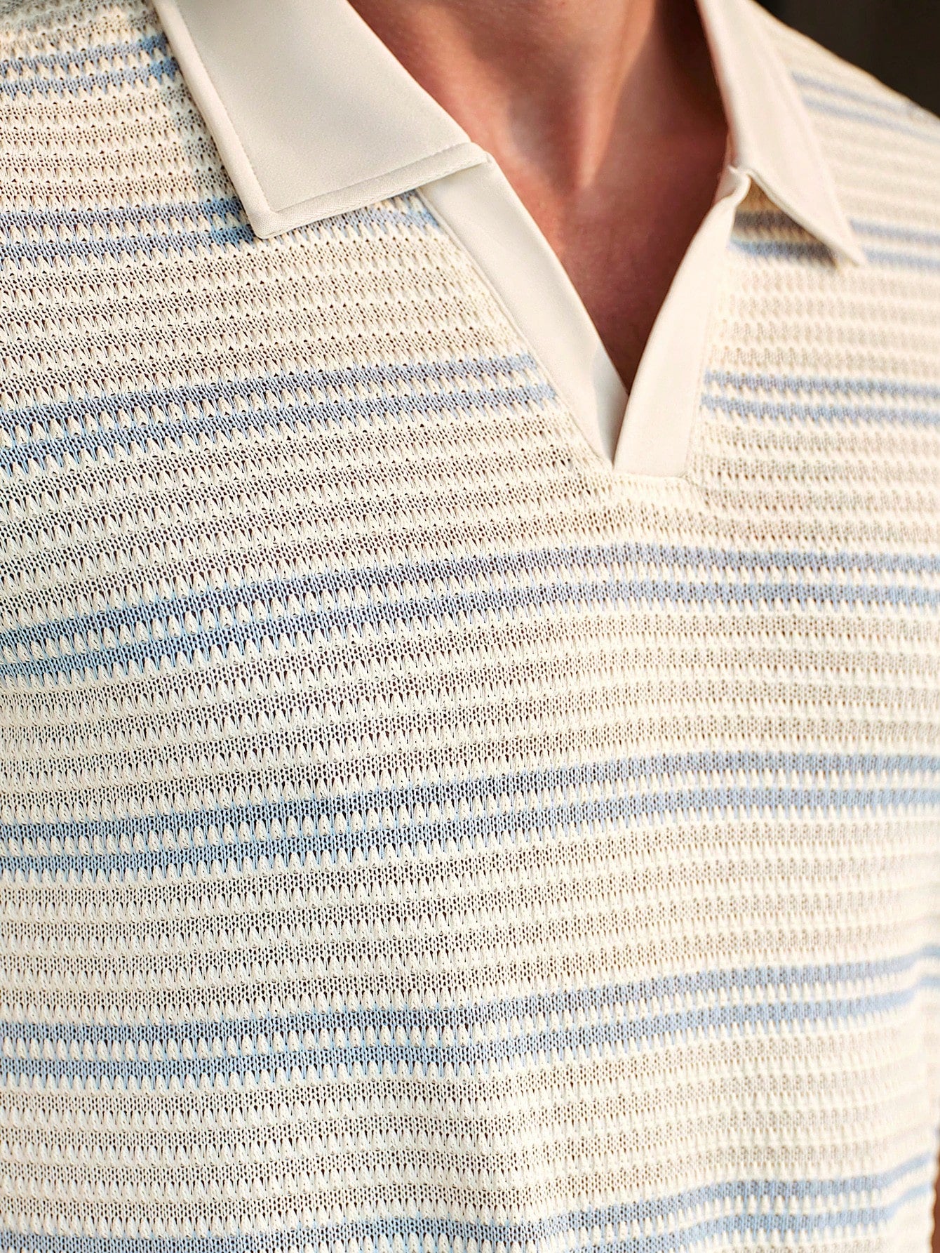 Manfinity Homme Men's Blue And White Stripe Knitted Half-Zip Mesh Textured Short Sleeve Polo Shirt,Casual Summer Vacation Holiday Knit Crochet Shirt,Vintage Old Money