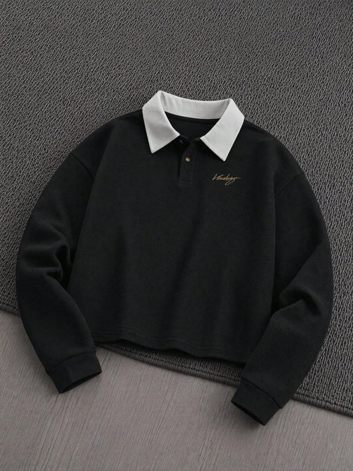 Manfinity VCAY Embroidered Letter Contrast Color Casual Long Sleeve Polo Shirt