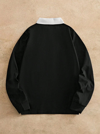 Manfinity VCAY Embroidered Letter Contrast Color Casual Long Sleeve Polo Shirt
