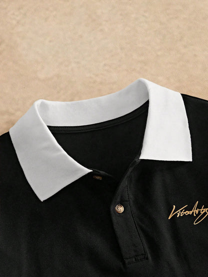Manfinity VCAY Embroidered Letter Contrast Color Casual Long Sleeve Polo Shirt