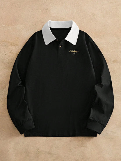 Manfinity VCAY Embroidered Letter Contrast Color Casual Long Sleeve Polo Shirt