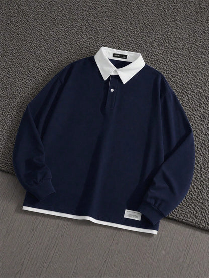 Manfinity VCAY Embroidered Letter Contrast Color Casual Long Sleeve Polo Shirt