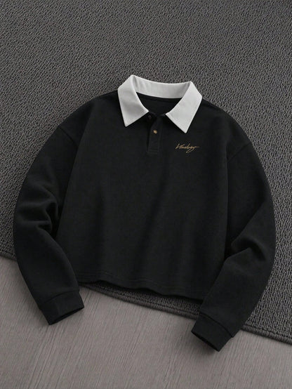 Manfinity VCAY Embroidered Letter Contrast Color Casual Long Sleeve Polo Shirt