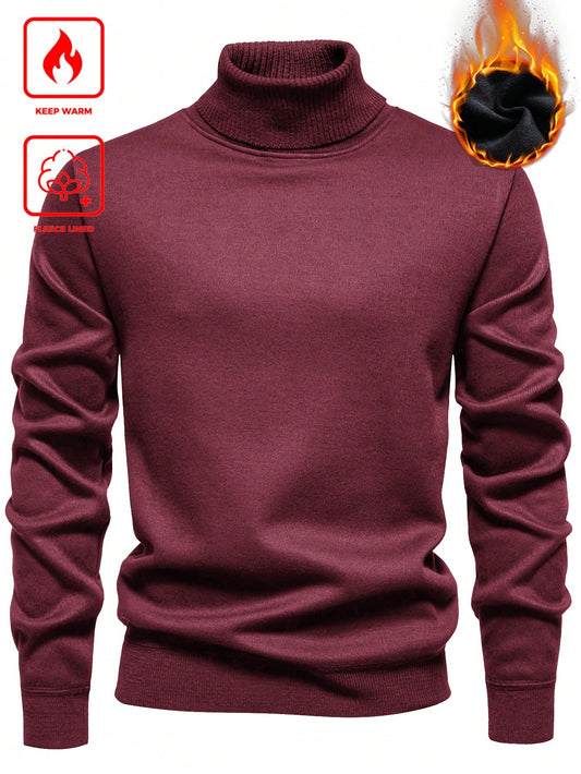 Marcello Vane Men's Solid Color Stand Collar Long Sleeve Minimalist Thermal Lined Sweater, Casual Daily Wear, For Fall Winter Valentine's Day