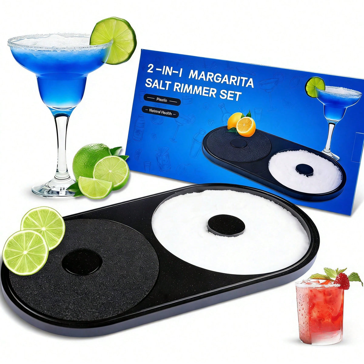 Margarita Salt Rimmer Set, 1 Pack Bar Salt And Sugar Rimmer With Sponge, 2-In-1 Bar Glass Cocktail Rim Set, Dishwasher Black Barware Tools For Margarita Mojitos (Black)