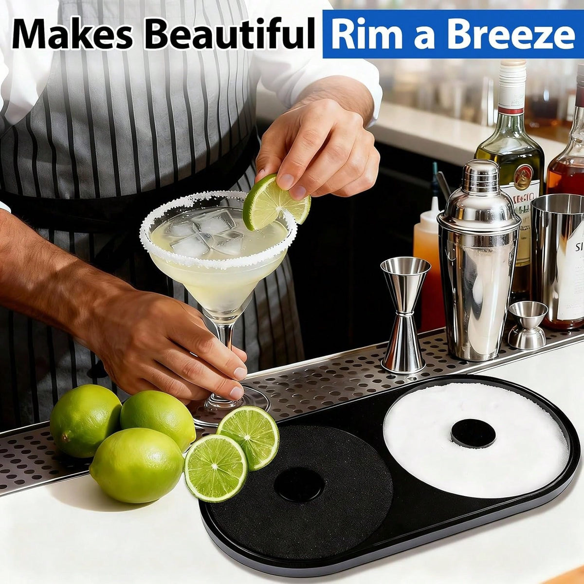 Margarita Salt Rimmer Set, 1 Pack Bar Salt And Sugar Rimmer With Sponge, 2-In-1 Bar Glass Cocktail Rim Set, Dishwasher Black Barware Tools For Margarita Mojitos (Black)