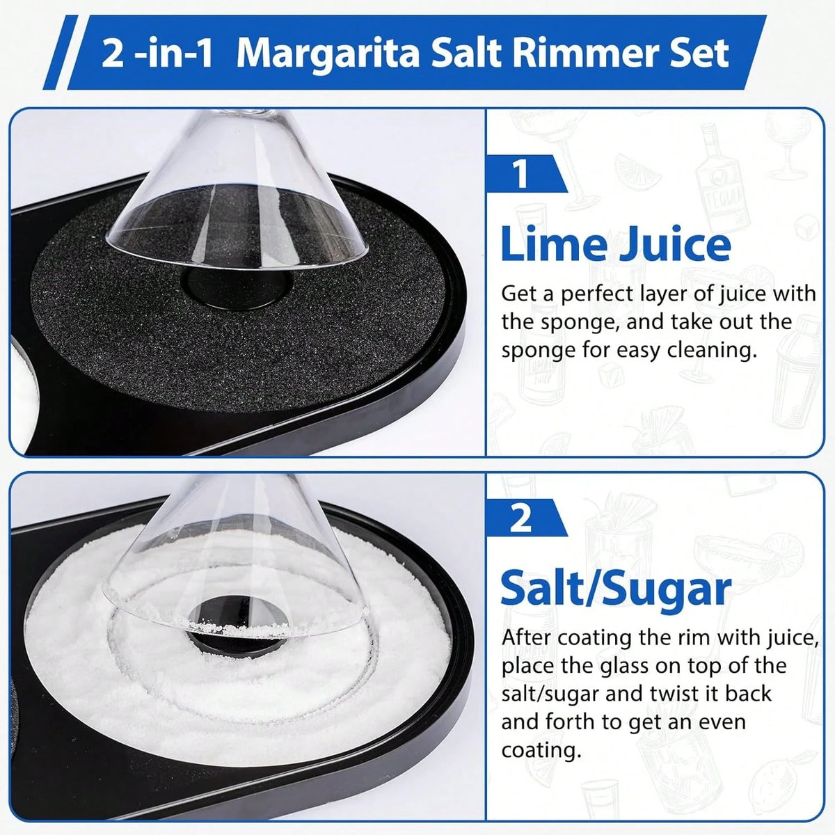 Margarita Salt Rimmer Set, 1 Pack Bar Salt And Sugar Rimmer With Sponge, 2-In-1 Bar Glass Cocktail Rim Set, Dishwasher Black Barware Tools For Margarita Mojitos (Black)