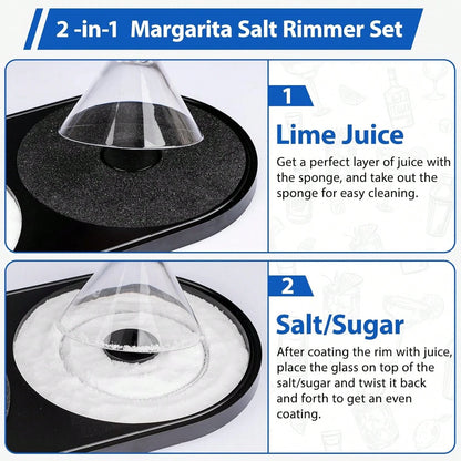 Margarita Salt Rimmer Set, 1 Pack Bar Salt And Sugar Rimmer With Sponge, 2-In-1 Bar Glass Cocktail Rim Set, Dishwasher Black Barware Tools For Margarita Mojitos (Black)