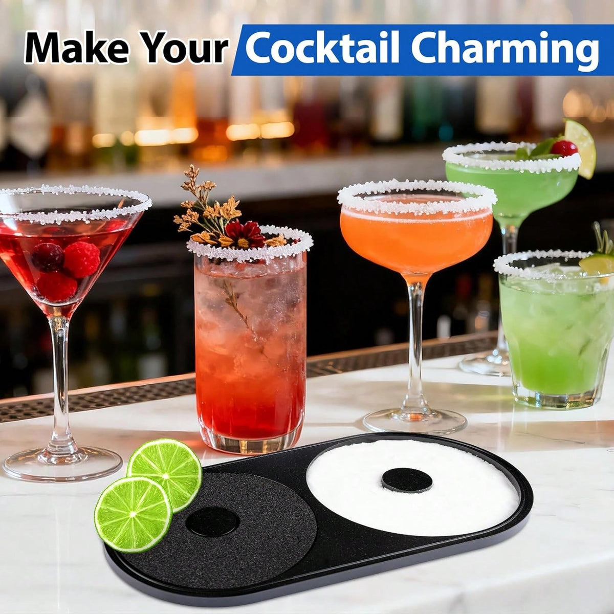 Margarita Salt Rimmer Set, 1 Pack Bar Salt And Sugar Rimmer With Sponge, 2-In-1 Bar Glass Cocktail Rim Set, Dishwasher Black Barware Tools For Margarita Mojitos (Black)