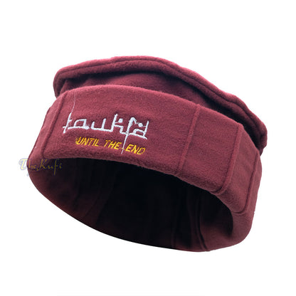Maroon Afghani-Style "Tauhid until the end" Faux Wool Stretchable Pakol Mujahidin Soft Kufi Hat