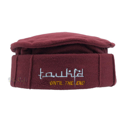 Maroon Afghani-Style "Tauhid until the end" Faux Wool Stretchable Pakol Mujahidin Soft Kufi Hat