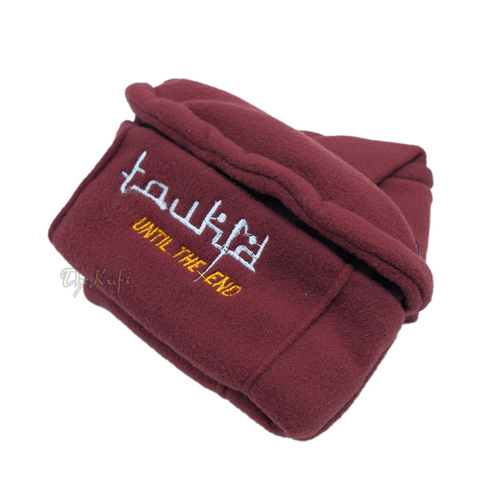 Maroon Afghani-Style "Tauhid until the end" Faux Wool Stretchable Pakol Mujahidin Soft Kufi Hat