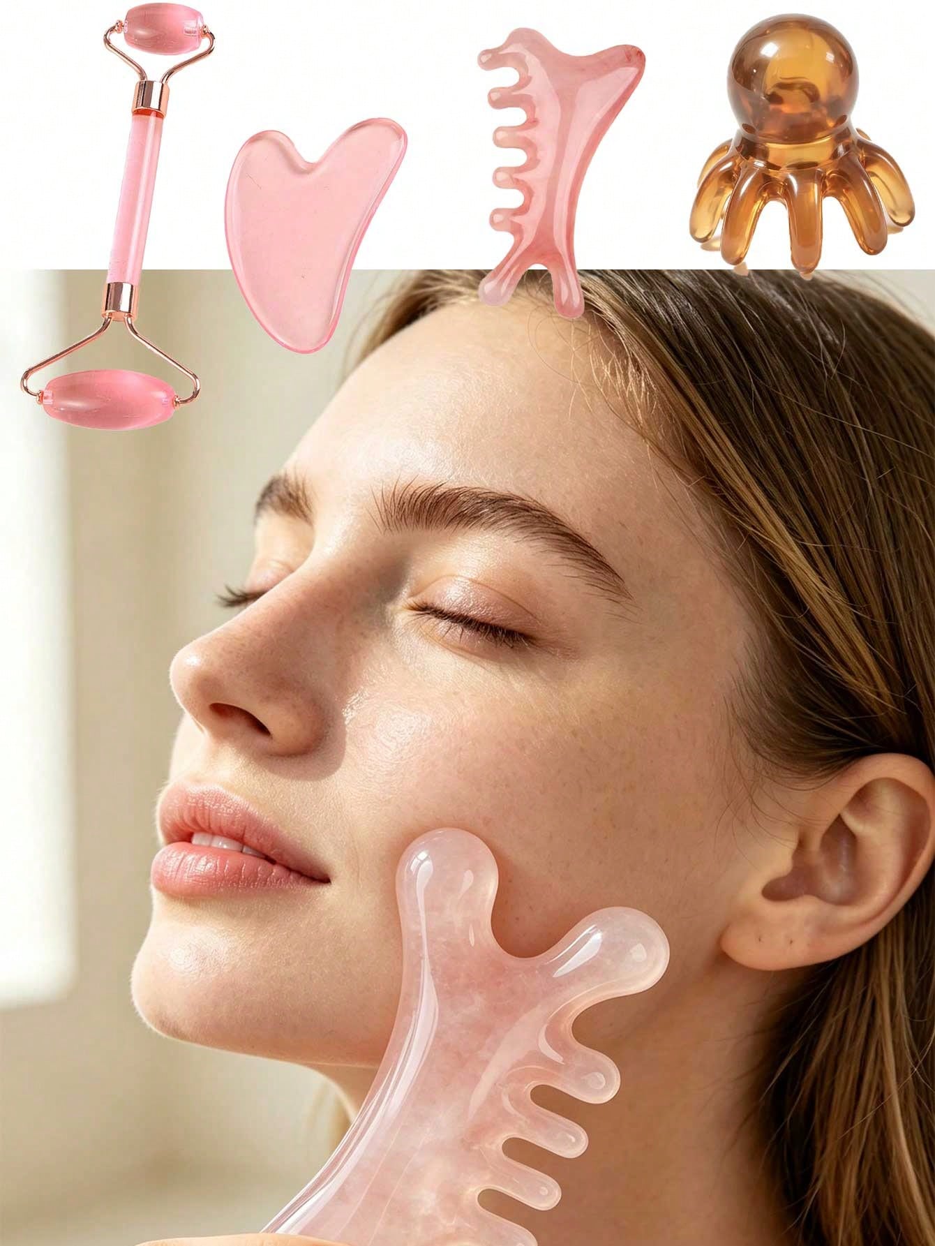 Massage Comb Head Comb Portable 4-In-1 Facial Massager Gua Sha, Acupoint Octopus Head Massage Comb And Scalp Detangling Wide Tooth Comb, Pink Gua Sha Facial Tool And Silicone Ice Roller Set, Facial Ic